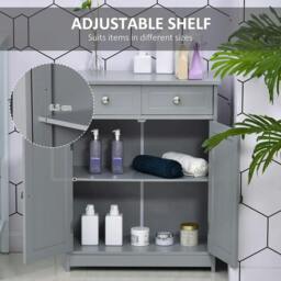 Rackhams 75x60cm Freestanding Bathroom Storage Cabinet Unit w/ 2 Drawers Cupboard Adjustable Shelf Metal Handles Traditional Style Grey - thumbnail 5