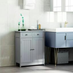 Rackhams 75x60cm Freestanding Bathroom Storage Cabinet Unit w/ 2 Drawers Cupboard Adjustable Shelf Metal Handles Traditional Style Grey - thumbnail 2