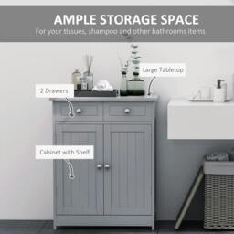 Rackhams 75x60cm Freestanding Bathroom Storage Cabinet Unit w/ 2 Drawers Cupboard Adjustable Shelf Metal Handles Traditional Style Grey - thumbnail 4