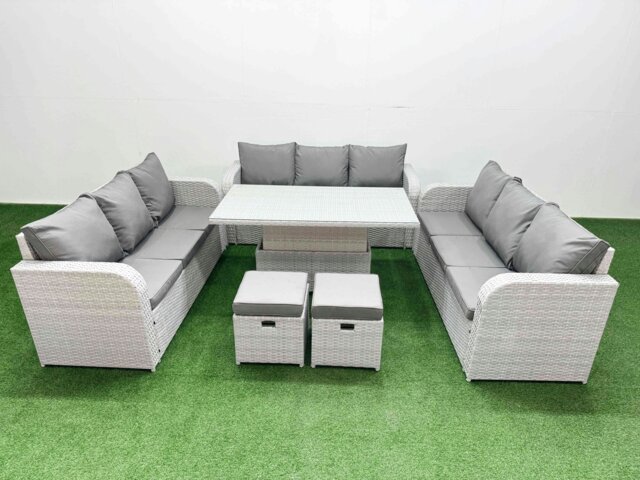 Rackhams 11-Seater Light Grey PE Rattan Outdoor Lounge Set - Adjustable Dining/Coffee Table, 3-Seater Sofa, 2 Stools - image 1