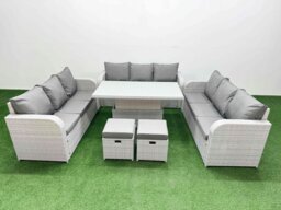 Rackhams 11-Seater Light Grey PE Rattan Outdoor Lounge Set - Adjustable Dining/Coffee Table, 3-Seater Sofa, 2 Stools - thumbnail 1