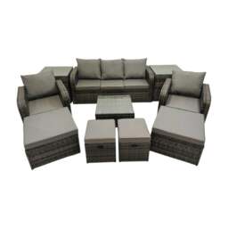 Rackhams 3 Seater Sofa Reclining Chair Coffee Table Set Rattan Garden Outdoor Furniture Set with 2 Side Tables 4 Stools Dark Grey Mixed - thumbnail 1