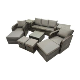Rackhams 3 Seater Sofa Reclining Chair Coffee Table Set Rattan Garden Outdoor Furniture Set with 2 Side Tables 4 Stools Dark Grey Mixed - thumbnail 2
