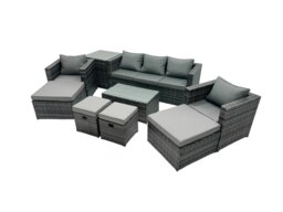 Rackhams Outdoor Coffee Table Sofa Armchair Set with Side Table 2 Big Stools 2 Small Footstools Garden Furniture Set Dark Grey Mixed - thumbnail 1