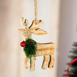 Rackhams 5cm Wooden Craft Reindeer Shape Tree Hanging Decoration, Natural Wood Christmas Ornament - thumbnail 1
