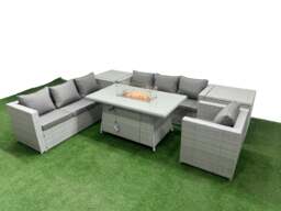 Rackhams 7 Seat PE Rattan Lounge Sofa Set Outdoor Garden Furniture Set with Fire Pit Dining Table 3 Seater Sofa 2 Side Tables Light Grey - thumbnail 1
