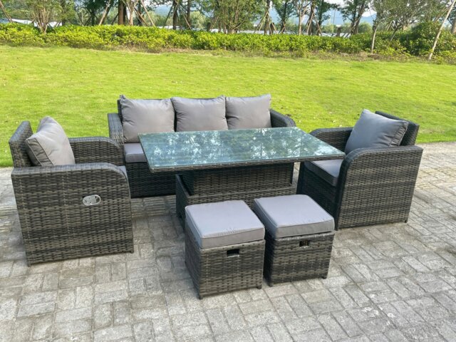 Rackhams Dark Mixed Grey Rattan Outdoor Garden Furniture Lifting Adjustable Dining Or Coffee Table Sets Lounge Sofa Recling Chairs Footstools 7 Seater - image 1