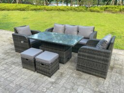 Rackhams Dark Mixed Grey Rattan Outdoor Garden Furniture Lifting Adjustable Dining Or Coffee Table Sets Lounge Sofa Recling Chairs Footstools 7 Seater - thumbnail 2