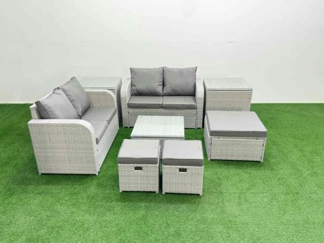 Rackhams 7 Seater Outdoor Love Sofa Set Rattan Garden Furniture Set with Square Coffee Table 3 Footstool 2 Side Tables Light Grey - image 1