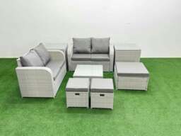 Rackhams 7 Seater Outdoor Love Sofa Set Rattan Garden Furniture Set with Square Coffee Table 3 Footstool 2 Side Tables Light Grey - thumbnail 1