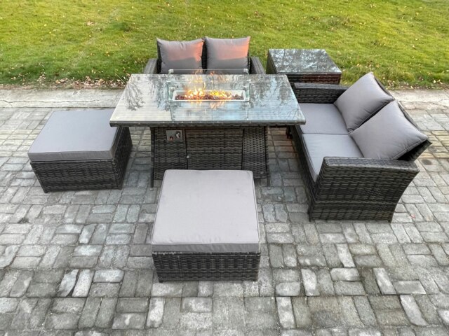 Rackhams 6 Seater Rattan Garden Furniture Set Outdoor Lounge Sofa Chair Gas Fire Pit Dining Table Set With 2 Big Footstool Double Seat Sofa Side Table - image 1