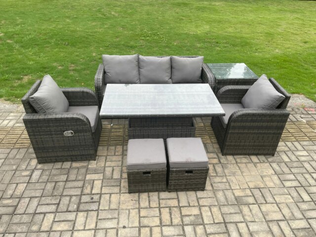 Rackhams Wicker PE Rattan Outdoor Garden Furniture Set Height Adjustable Rising lifting Dining Table With Armchair Side Table 2 Small Footstools - image 1