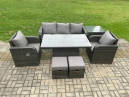 Rackhams Wicker PE Rattan Outdoor Garden Furniture Set Height Adjustable Rising lifting Dining Table With Armchair Side Table 2 Small Footstools - thumbnail 1