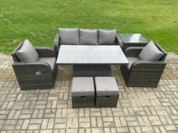 Rackhams Wicker PE Rattan Outdoor Garden Furniture Set Height Adjustable Rising lifting Dining Table With Armchair Side Table 2 Small Footstools - thumbnail 2
