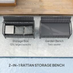 Rackhams Rattan Garden Bench w/ 125L Storage, Cushioned Outdoor Bench, Grey - thumbnail 4