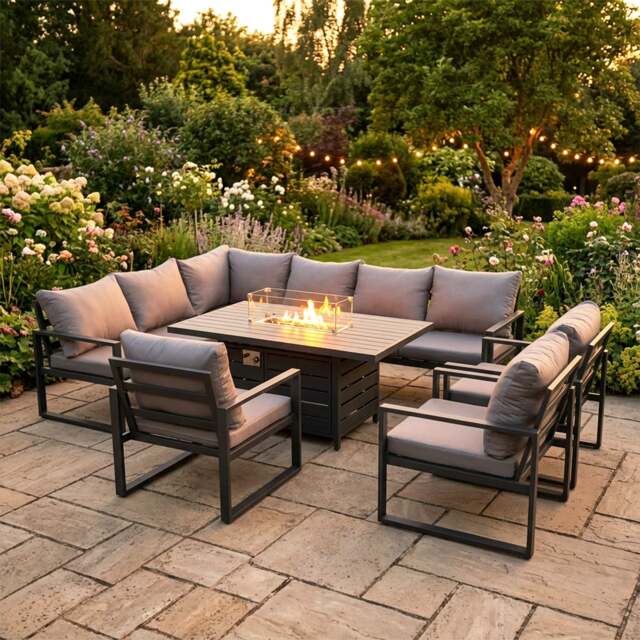 Rackhams Aluminium Outdoor Garden Furniture Corner Sofa Gas Fire Pit Dining Table Sets Gas Heater Burner with 3 Chairs Dark Grey 9 Seater - image 1