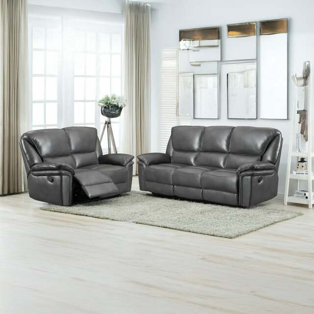 Rackhams Boston Grey Leather Aire Manual Reclining Sofa Suite - image 1