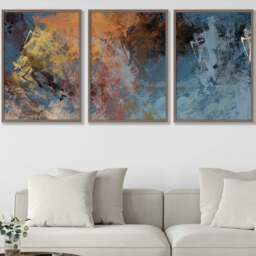 Rackhams Set of 3 Abstract Blue and Orange Framed Wall Art Prints - 50x70cm - Dark Grey - thumbnail 2