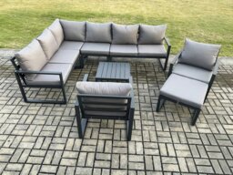 Rackhams 9 Seater Aluminium Garden Furniture Set Outdoor Lounge Corner Sofa 2 Pcs Chair Square Coffee Table Sets with Big Footstool Dark Grey - thumbnail 1