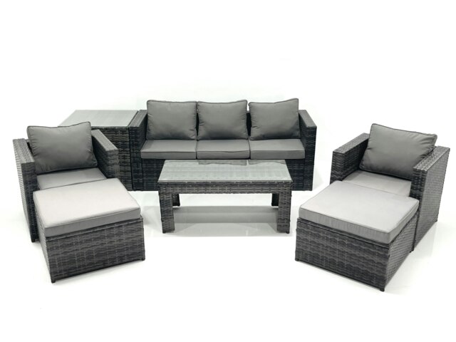 Rackhams 7 Seater Rattan Garden Furniture Set Outdoor Lounger Sofa with Coffee Table 2 Armchair 2 Big Footstools Side Table Dark Grey Mixed - image 1