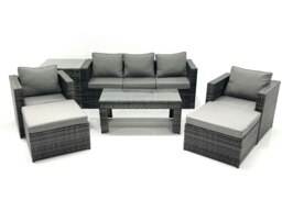 Rackhams 7 Seater Rattan Garden Furniture Set Outdoor Lounger Sofa with Coffee Table 2 Armchair 2 Big Footstools Side Table Dark Grey Mixed - thumbnail 2