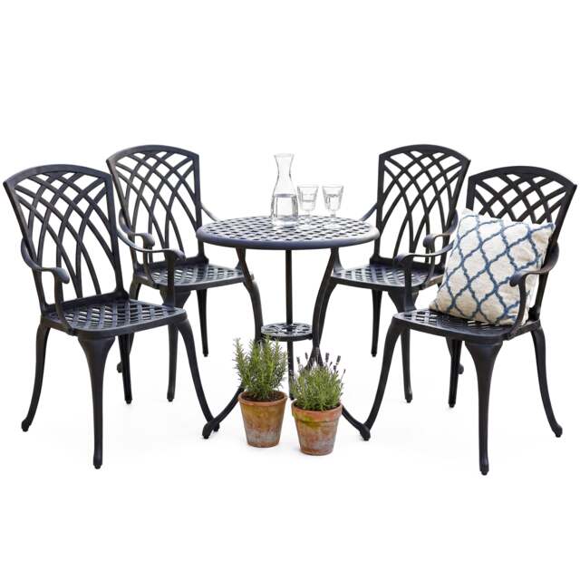 Rackhams OSHOWA Garden and Patio Table and 4 Large Chairs with Armrests Cast Aluminium Bistro Set - Black - image 1