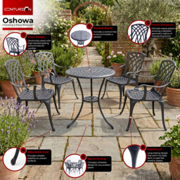 Rackhams OSHOWA Garden and Patio Table and 4 Large Chairs with Armrests Cast Aluminium Bistro Set - Black - thumbnail 4