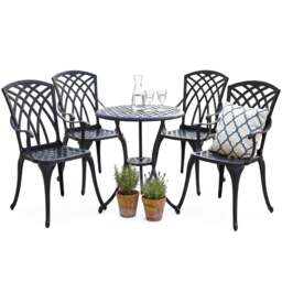 Rackhams OSHOWA Garden and Patio Table and 4 Large Chairs with Armrests Cast Aluminium Bistro Set - Black - thumbnail 1