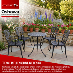 Rackhams OSHOWA Garden and Patio Table and 4 Large Chairs with Armrests Cast Aluminium Bistro Set - Black - thumbnail 2