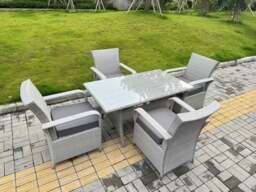 Rackhams Light Grey Rattan Outdoor Garden furniture Set Rectangular Table and 4 Chairs Set with Seat Cushion