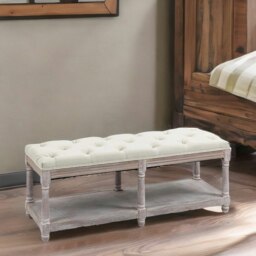 Rackhams Upholstered Wooden Bench Seat With Shelf Cream White - thumbnail 2