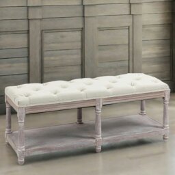 Rackhams Upholstered Wooden Bench Seat With Shelf Cream White