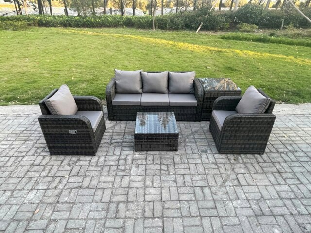 Rackhams Garden Furniture Sets 5 Seater Wicker Rattan Furniture Patio Sofa Sets with Reclining Chair 3 Seater Sofa Side Table Dark Grey Mixed - image 1