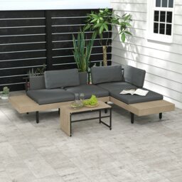 Rackhams HDPE Garden Furniture Sets with Cushions, Table, L-Shaped Sofa, Grey
