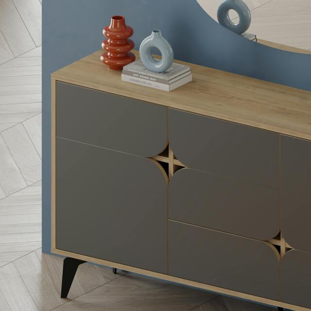 Rackhams Spark Console Sideboard Display Unit 3 Cabinets Shelves Drawer Oak Anthracite Grey 140x35x80cm - Oak Anthracite - image 1