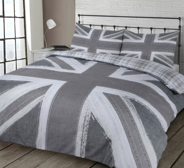 Rackhams Union Jack Reversible Printed Cotton Blend Duvet Cover and Pillowcase Set - Grey - Double - image 1