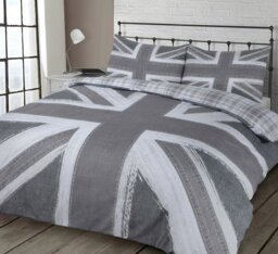 Rackhams Union Jack Reversible Printed Cotton Blend Duvet Cover and Pillowcase Set - Grey - Double - thumbnail 1
