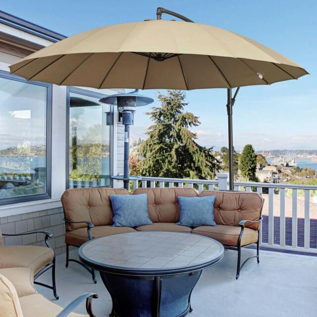 Rackhams 3(m) Cantilever Shanghai Parasol Garden Hanging Banana Sun Umbrella with Crank Handle, 18 Sturdy Ribs and Cross Base, Beige - Beige - 2.96m x 2.96m x2.60m - image 1