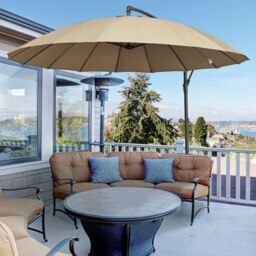 Rackhams 3(m) Cantilever Shanghai Parasol Garden Hanging Banana Sun Umbrella with Crank Handle, 18 Sturdy Ribs and Cross Base, Beige - Beige - 2.96m x 2.96m x2.60m - thumbnail 2