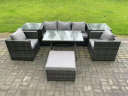 Rackhams 6 Seater Rattan Outdoor Furniture Garden Dining Set with Oblong Dining Table 2 Side Tables Big Footstool 2 Armchairs Dark Grey Mixed - thumbnail 2