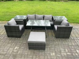 Rackhams 6 Seater Rattan Outdoor Furniture Garden Dining Set with Oblong Dining Table 2 Side Tables Big Footstool 2 Armchairs Dark Grey Mixed - thumbnail 1