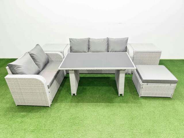 Rackhams Garden Furniture Set PE Ratten Garden Sofa Set with Rectangular Dining Table Big Stool 2 Side Tables Light Grey - image 1