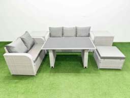 Rackhams Garden Furniture Set PE Ratten Garden Sofa Set with Rectangular Dining Table Big Stool 2 Side Tables Light Grey - thumbnail 1