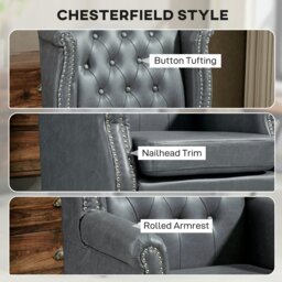 Rackhams Chesterfield-style Wing Back Armchair Tufted Accent Chair Grey - PU leather, foam, eucalyptus wood - 1 - Chesterfield, vintage - thumbnail 6