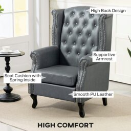 Rackhams Chesterfield-style Wing Back Armchair Tufted Accent Chair Grey - PU leather, foam, eucalyptus wood - 1 - Chesterfield, vintage - thumbnail 5
