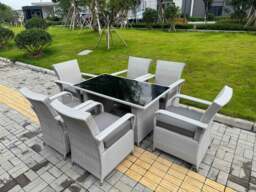 Rackhams Light Grey Rattan Outdoor Garden furniture Set Black Tempered Glass Dining Table and 6 Chairs Set with Seat Cushion - thumbnail 2