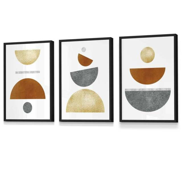 Rackhams Set of 3 Orange, Gold and Grey Mid Century Geometric Framed Wall Art - 42x59cm (A2) - Black - image 1