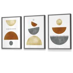 Rackhams Set of 3 Orange, Gold and Grey Mid Century Geometric Framed Wall Art - 42x59cm (A2) - Black - thumbnail 5