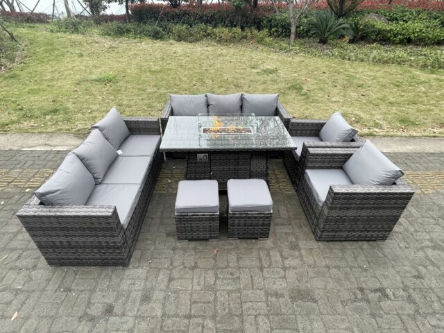 Rackhams 10 Seater Outdoor PE Rattan Garden Furniture Gas Fire Pit Dining Table Set Lounge Sofa 2 PC Armchairs With 2 Stools Dark Grey Mixed Patio - image 1