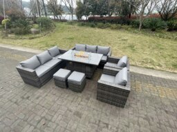 Rackhams 10 Seater Outdoor PE Rattan Garden Furniture Gas Fire Pit Dining Table Set Lounge Sofa 2 PC Armchairs With 2 Stools Dark Grey Mixed Patio - thumbnail 2